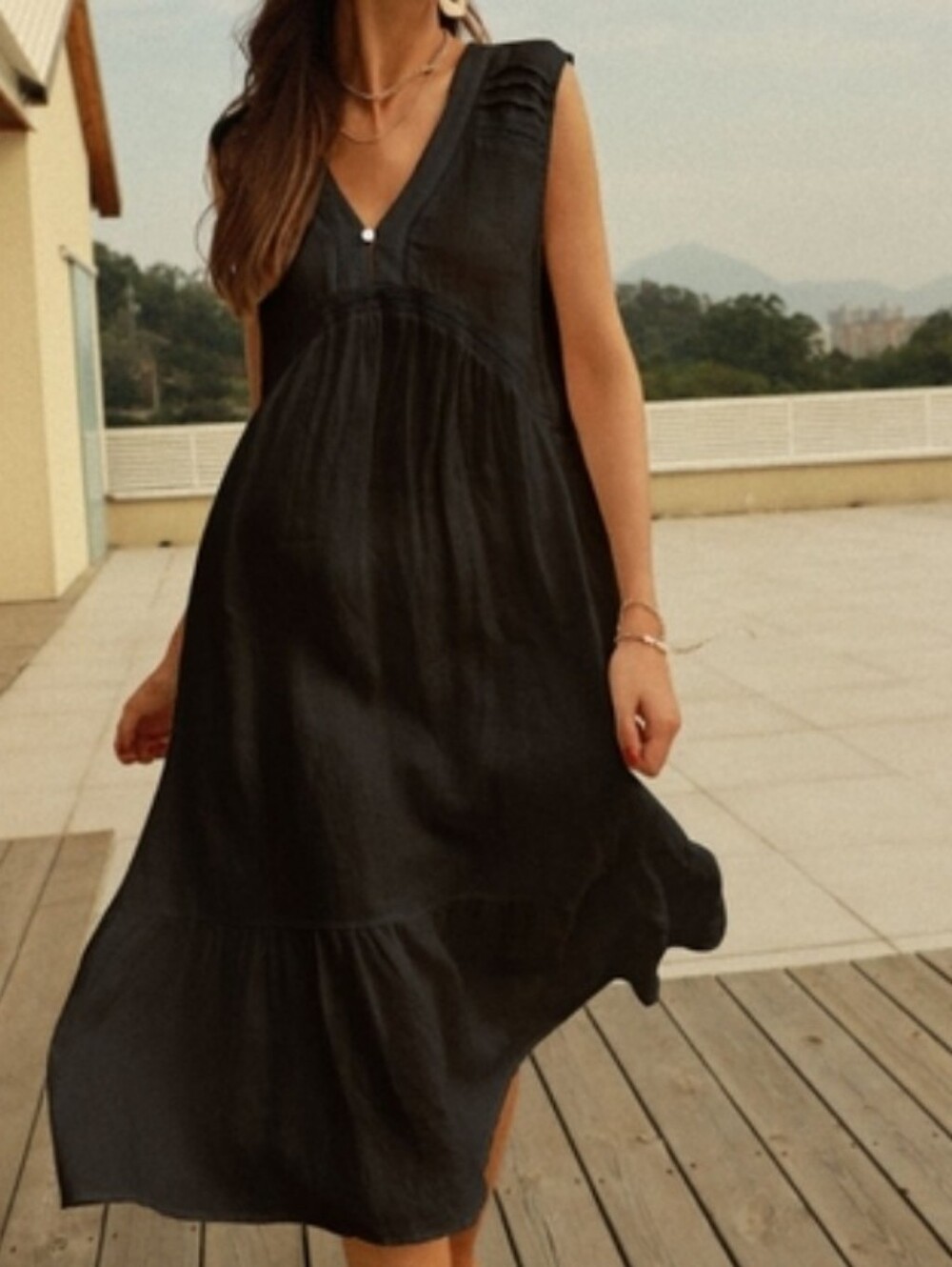 NWT - Hemp-Linen Frieeah Boutique Black Midi Nightgown Dress - Size XL